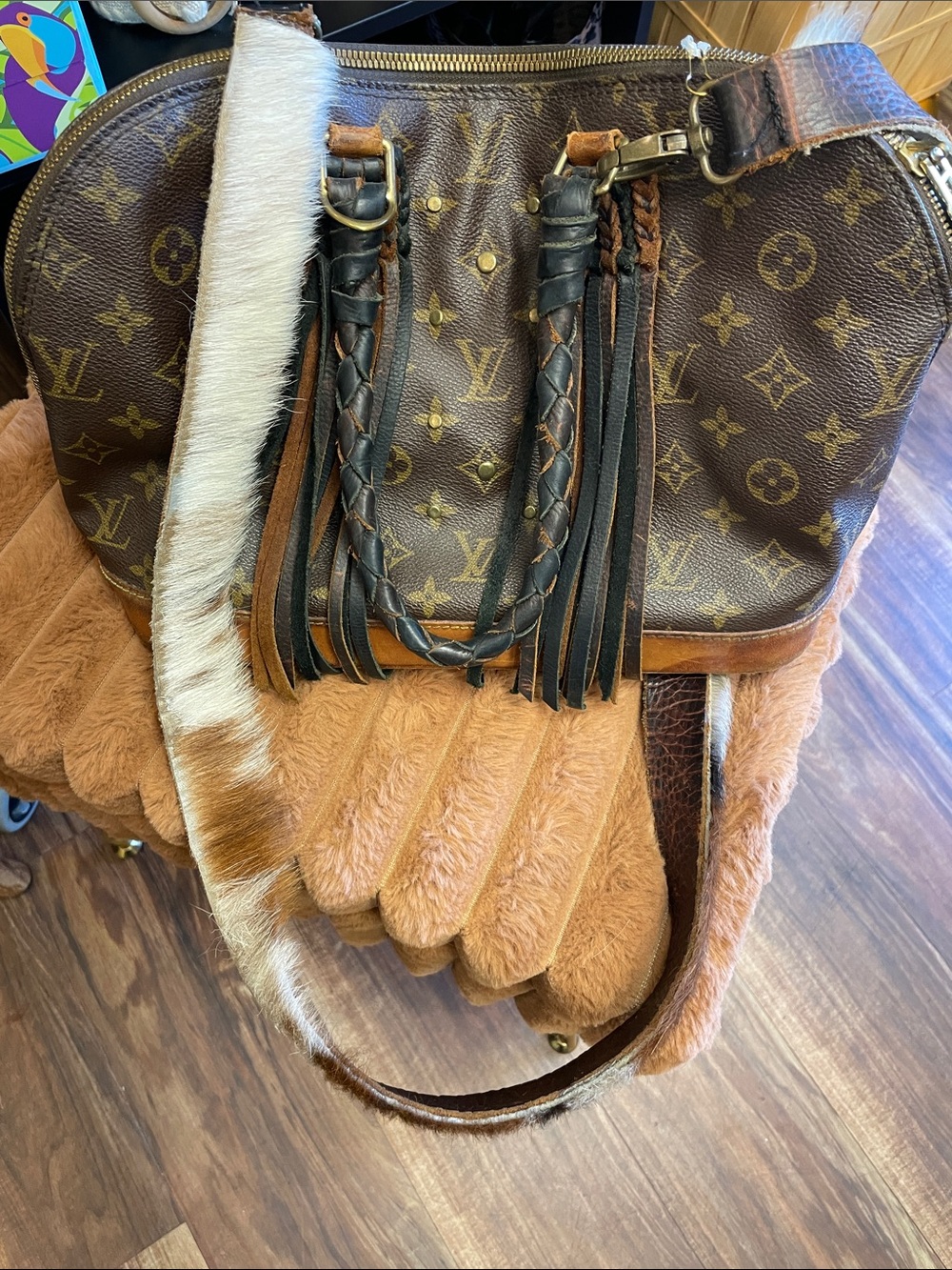 Louis Vuitton Brown Monogram Fringe Satchel with Horse Hair Crossbody Stap